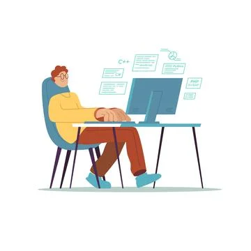 The programmer is sitting at the computer. Stock-Illustration