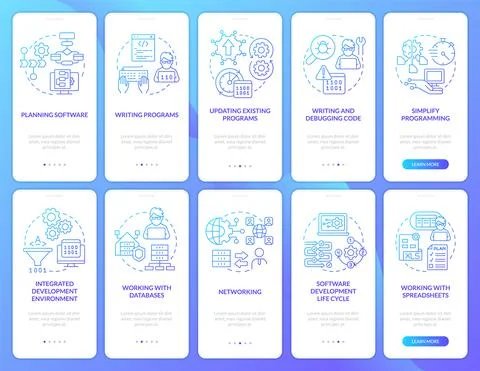 Programmer skills blue gradient onboarding mobile app screen set Illustrazione stock