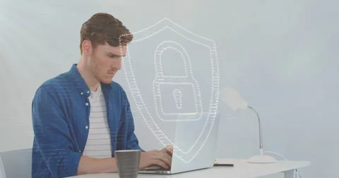 Programmer sliding into view activating shield pulsing while typing secure code Video stock 313149020