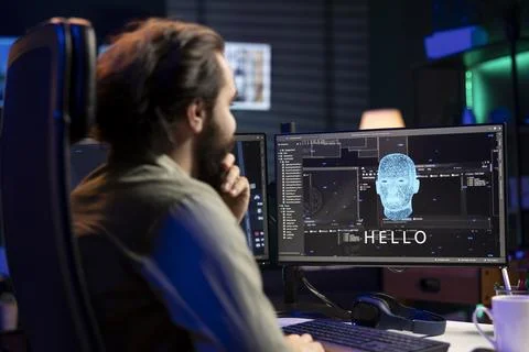 Programmer smiling looking at PC screen after achieving goal of talking with AI Foto stock