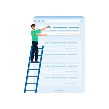 Programmer standing on ladder adding content to giant web page, improving web Stock-Illustration