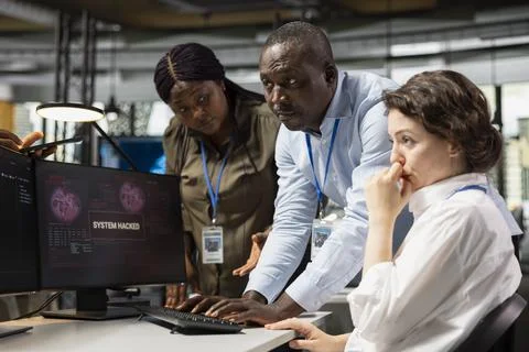 Programmer in startup office requests help from coworkers to fix hacking attempt Stock Photos