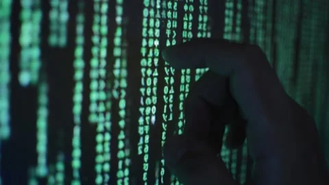Programmer study matrix code on the computer's monitor. cyberspace coding Video stock 201289488