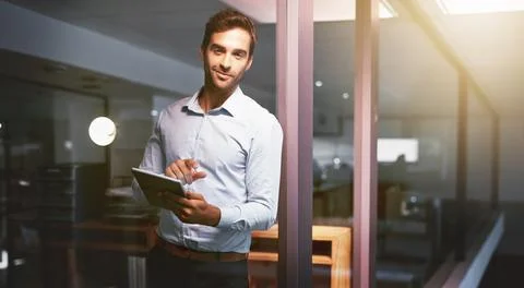 Programmer, tablet and portrait with night, research and overtime work or data Stock Photos