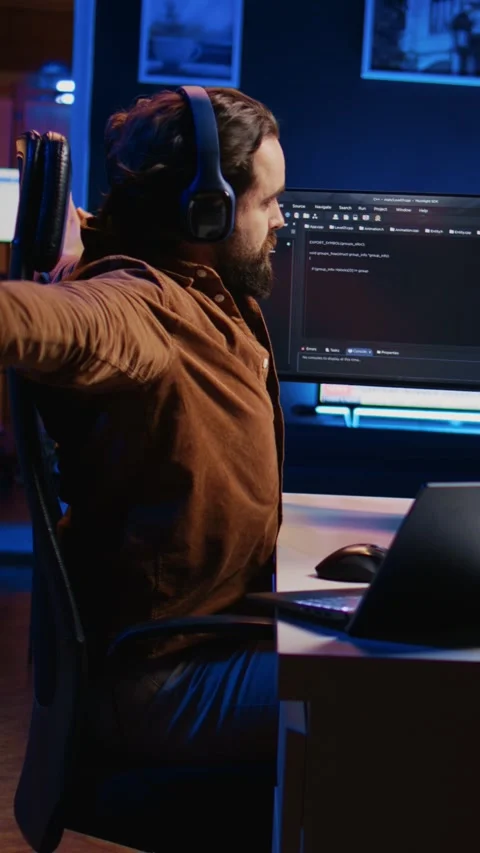 Programmer taking break from coding, putting headphones on and stretching Stock Footage 264512674