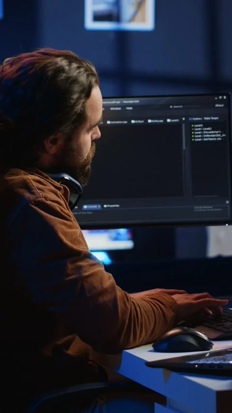 Programmer taking break from coding, putting headphones on and stretching Stock Footage 264513982