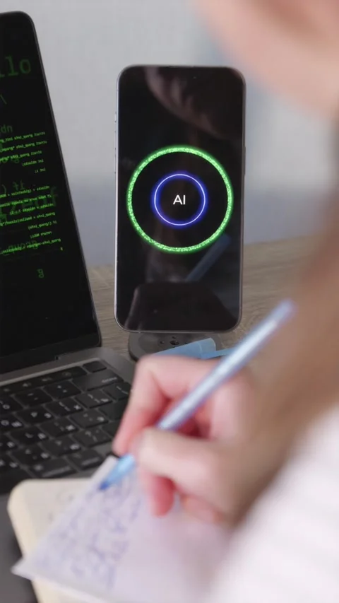 Programmer taking notes from AI assistant near laptop screen with code Vidéo 346834894
