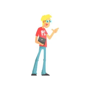 Programmer Talking Holding A Lap Top Funny Character 库存插图