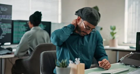 Programmer, technology and neck pain with burnout, tired or bad posture of Stock-Footage 346959416