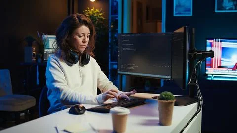 Programmer teleworking from own apartment filtering malicious traffic Stock-Fotos