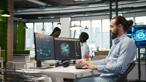 Programmer testing generative AI machine learning algorithms and listening music Stock Footage 313166535