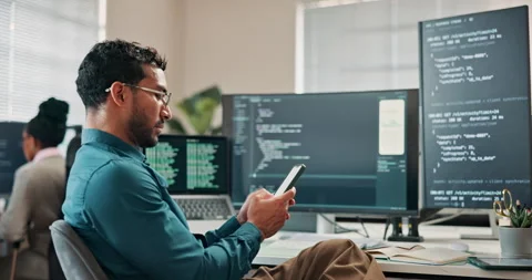 Programmer, texting and man with phone in office, software development or typing Stock Footage 346954762