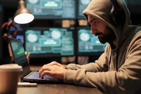 Programmer thief hacking security system on computer Stock-Fotos