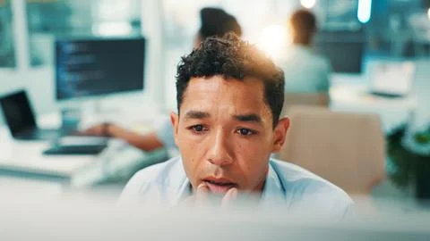 Programmer, thinking and man on computer in office for problem solving Stock Photos