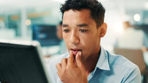 Programmer, thinking and man on tablet in office for problem solving, web Stock Photos