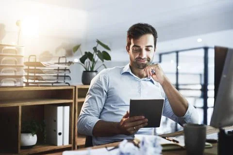 Programmer, thinking and tablet with office, research and overtime work and data Stock Photos