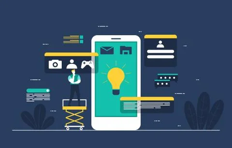 Programmer Thinking Mobile App Development Process Flat Design Illustration Illustrazione stock