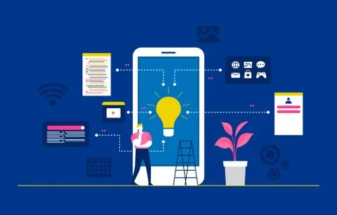 Programmer Thinking Mobile App Development Process Flat Design Illustration Illustrazione stock