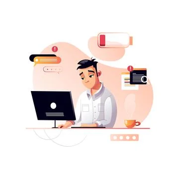 The programmer is tired at work. Development of programming and coding techno Stock-Illustration