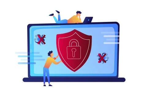 Programmer trying to protect his laptop from virus vector illustration. Stock-Illustration