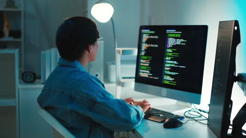 Programmer typing code on dual screen for development and debugging Stock-Footage 313813588