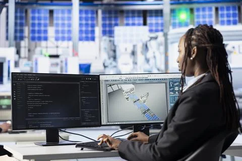 Programmer typing code on PC in photovoltaics production facility Stock Photos