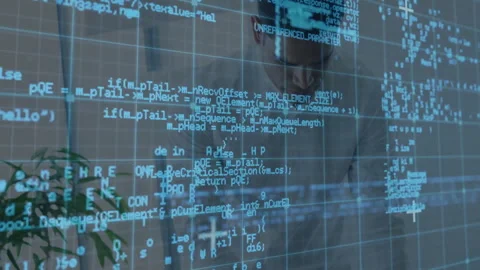 Programmer typing on keyboard over translucent grid and causing scrolling code Video stock 312915909