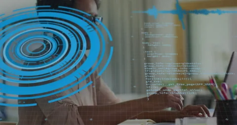 Programmer typing on laptop activating HUD graphic and code overlay fixing Stock Footage 315894596