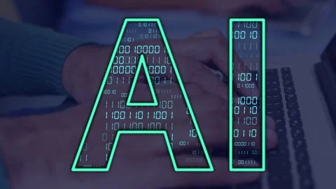 Programmer typing on laptop, activating neon AI title with shifting binary Stock Footage 334729024
