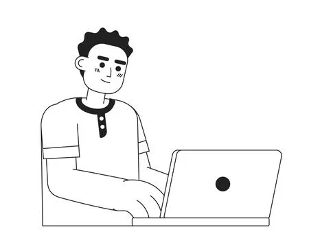 Programmer typing on laptop monochromatic flat vector character Stock Illustration