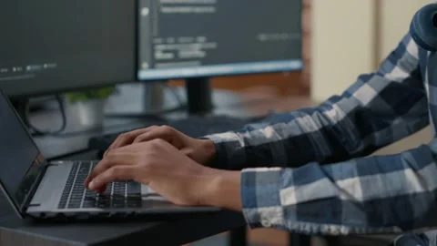 Programmer Typing Machine Learning Code in High Tech Workspace Stock Footage 325824587