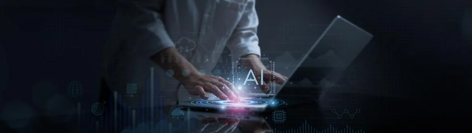 Programmer uses laptop to develop AI, algorithms, marketing, and deep learning. 写真素材