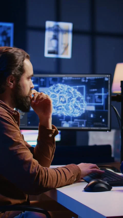 Programmer using computer to update AI neural networks, drinking coffee Stock Footage 264511551