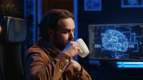 Programmer using computer to update AI neural networks, drinking coffee Stock Footage 265619738
