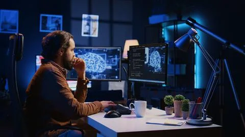 Programmer using computer to update AI neural networks, drinking coffee Stock Photos