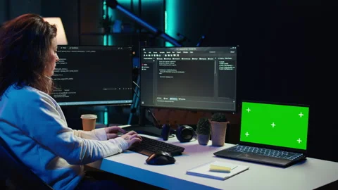 Programmer using green screen laptop to secure company servers Video stock 283595252