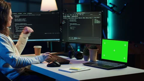 Programmer using green screen laptop to secure company servers Video stock 283595413