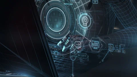 Programmer using laptop with holographic user interface and futuristic keyboard Stock-Footage 310588745