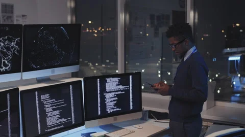 Programmer Using Smartphone at Night Stock-Footage 171062393