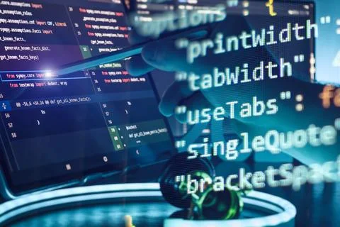 Programmer Using Stylus on Coding Screen with Abstract Code Overlay in Futuri Stock Photos