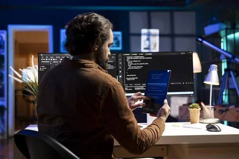 Programmer using tablet to fix vulnerabilities compromising systems 写真素材
