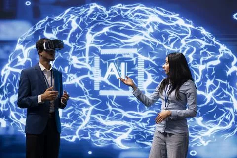 Programmer using virtual reality gear to build AI machine learning algorithms Stock Photos