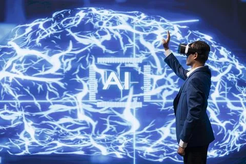 Programmer using virtual reality tech and AI systems in futuristic workspace 写真素材