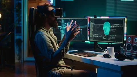 Programmer using VR headset to answer awaken AI asking existential questions 스톡 사진