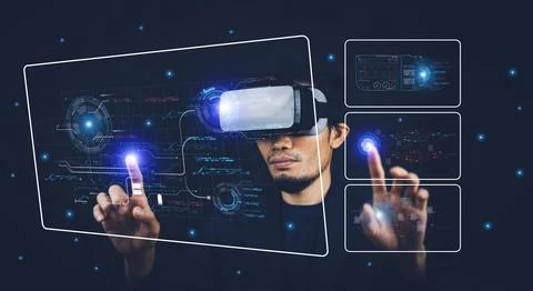 Programmer using VR technology control computer by visual technology, Digit.. Stockfoto's