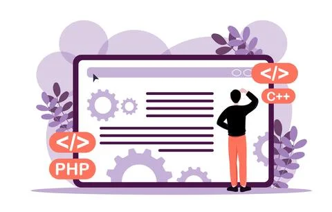 Programmer viewing code on large screen. Vector illustration Stockillustratie