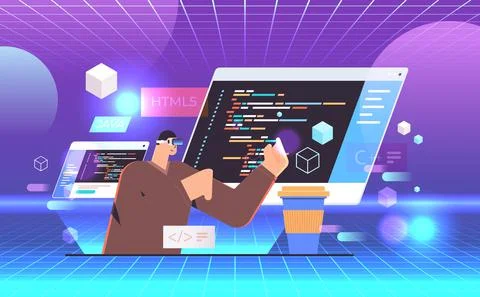 Programmer in virtual reality glasses writing code for computer app engineering Stock Illustration