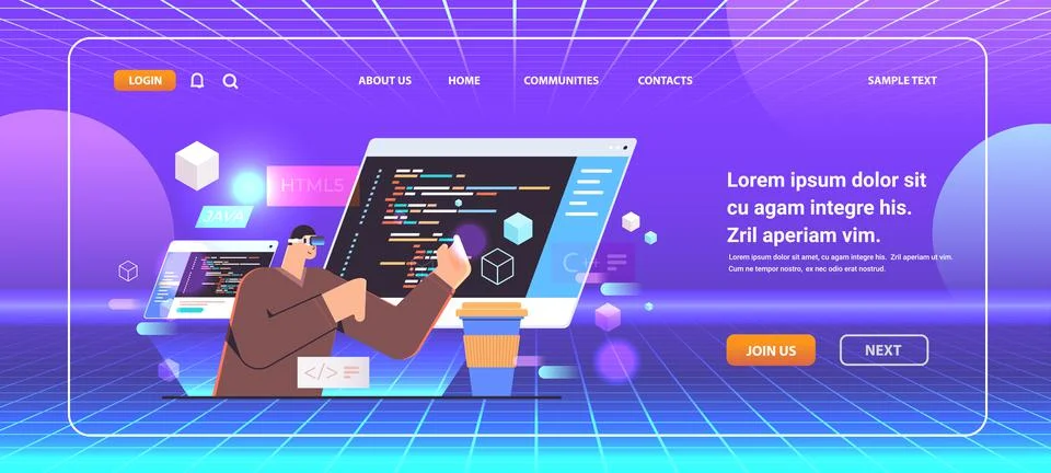 Programmer in virtual reality glasses writing code for computer app engineering Stock Illustration