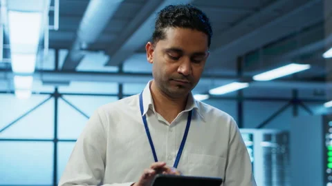 Programmer walking in high tech data center used for managing gear energy Stock Footage 280801288