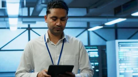 Programmer walking in high tech data center used for managing gear energy 写真素材